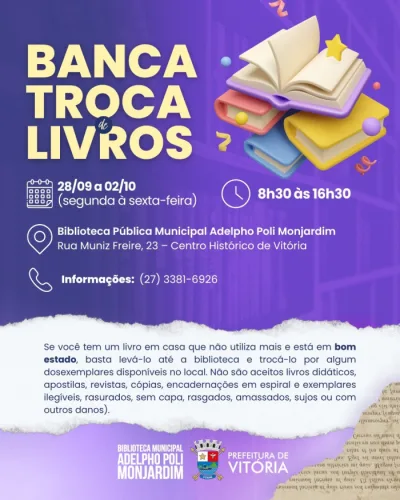Biblioteca de Vitória promove nova troca de livros a partir do dia 28