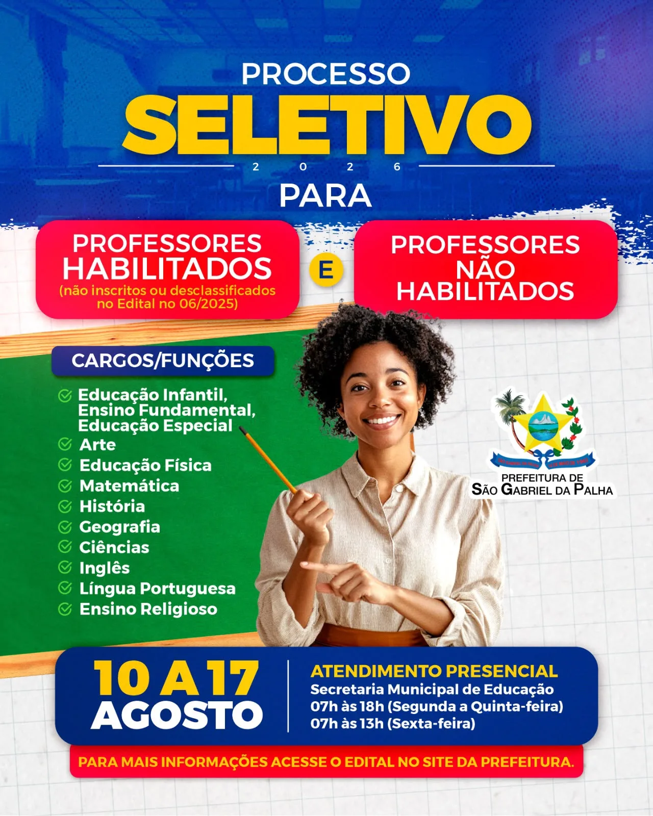 São Gabriel da Palha abre cadastro de reserva para profissionais da educação